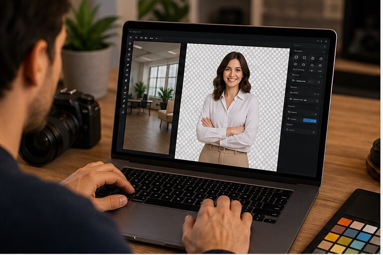 Ritratto che viene scontornato e spostato su nuovo sfondo con AI in editor browser