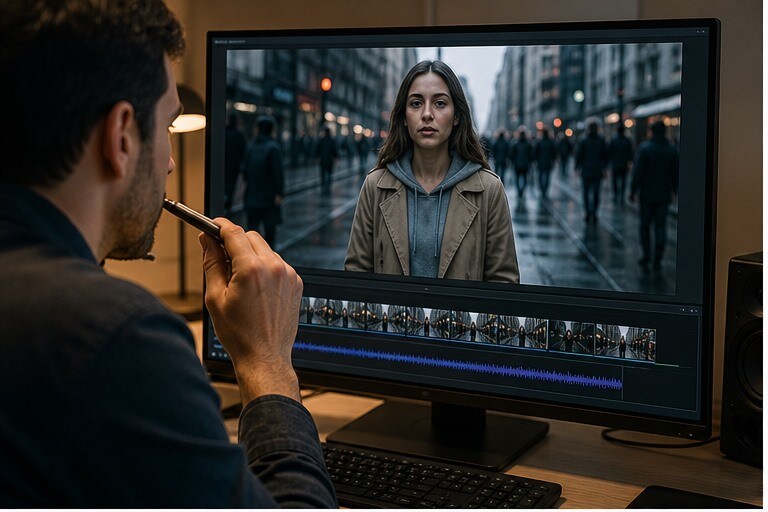 Analista che controlla frame di un video sospetto su monitor professionale