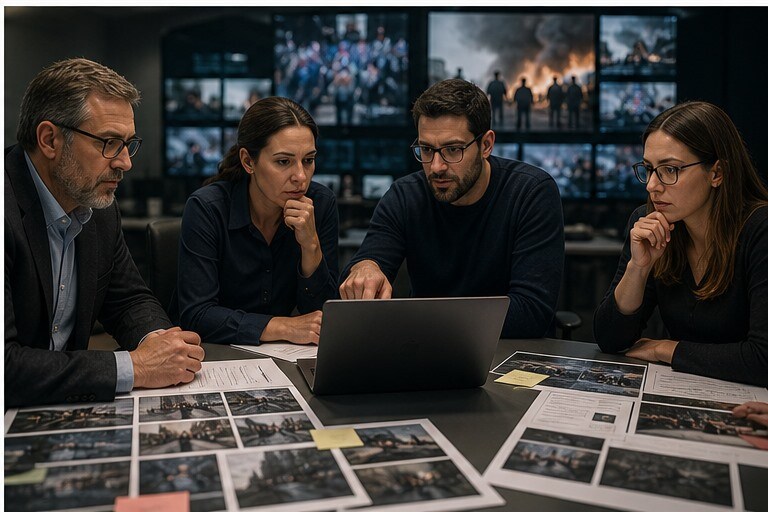 Team editoriale che decide se un video sospetto e affidabile prima della pubblicazione
