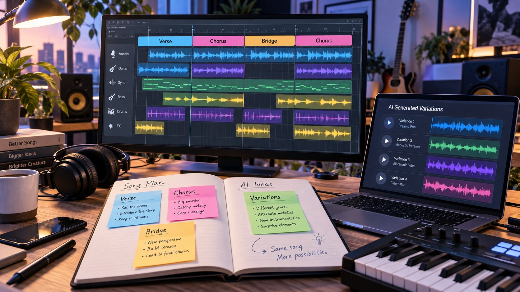 Storyboard musicale con strofa ritornello bridge e varianti generate da AI