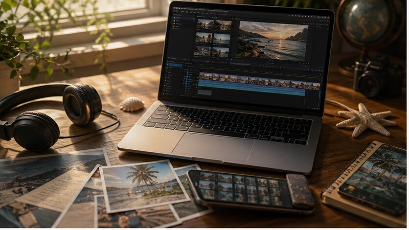 Postazione con laptop, foto di viaggio, smartphone e cuffie per creare un recap delle vacanze