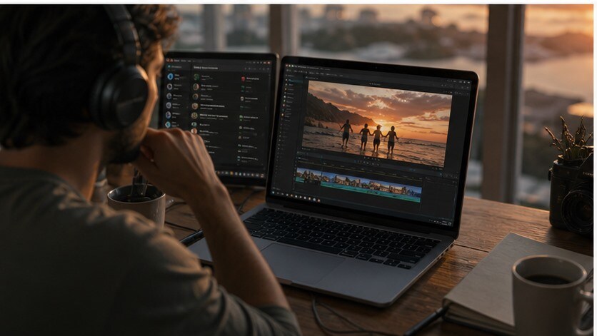 Scelta della musica per un recap di viaggio con cuffie e footage al tramonto