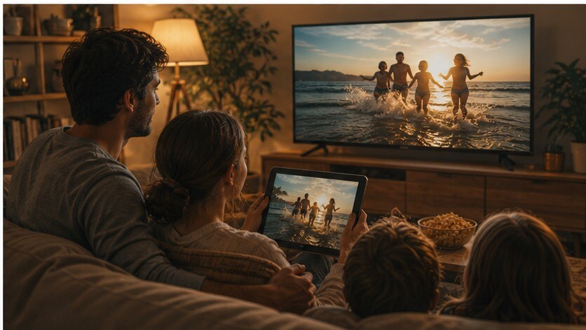 Visione finale di un recap vacanze su smartphone, tablet e TV in salotto