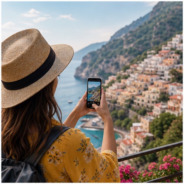 Creator che gira un Reel di viaggio in verticale con smartphone