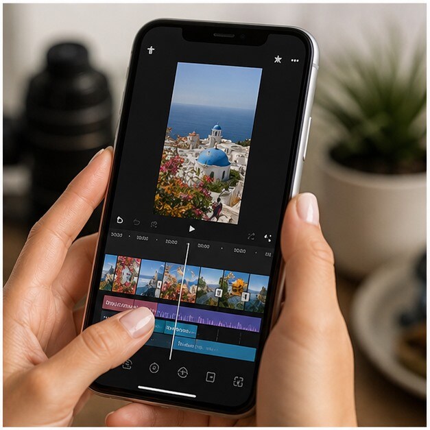 Timeline verticale con hook, testo e payoff per un Reel di viaggio