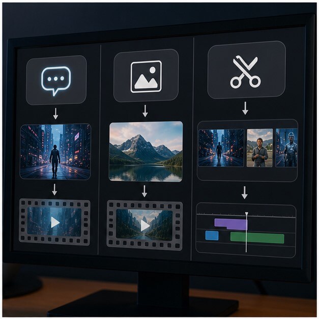 Schermo con confronto tra text to video, image to video e montaggio assistito da AI