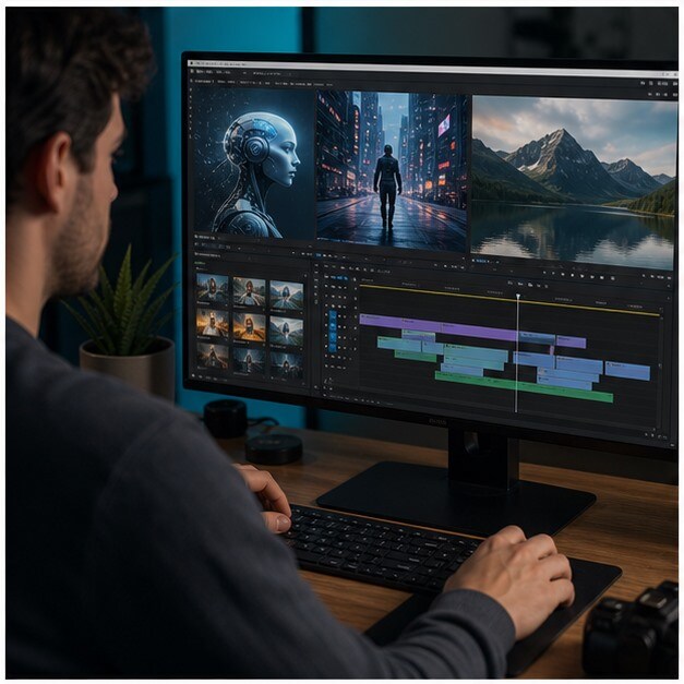 Timeline video con testo, audio e clip AI in fase di rifinitura