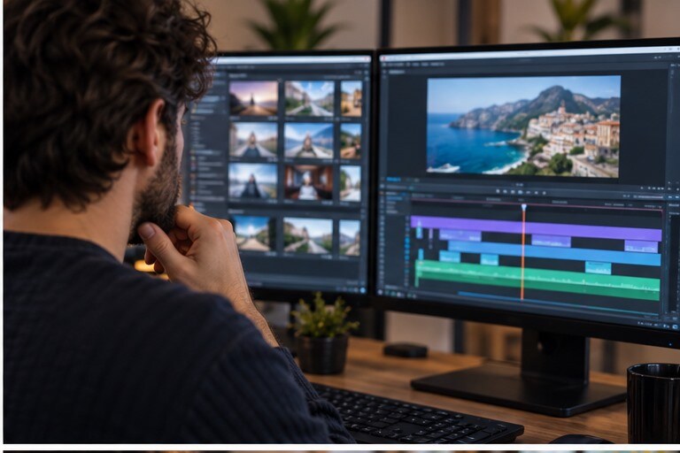 Editor che unisce immagini, voce e clip AI in una timeline video