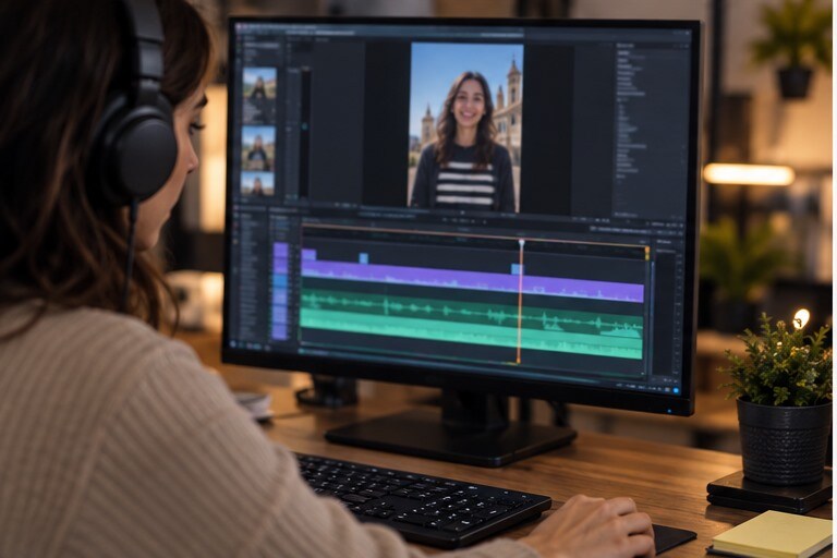 Video verticale con voiceover, musica e sottotitoli durante la rifinitura