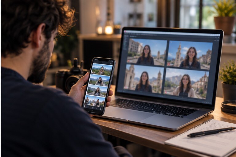 Creator che controlla versioni del video su smartphone e laptop