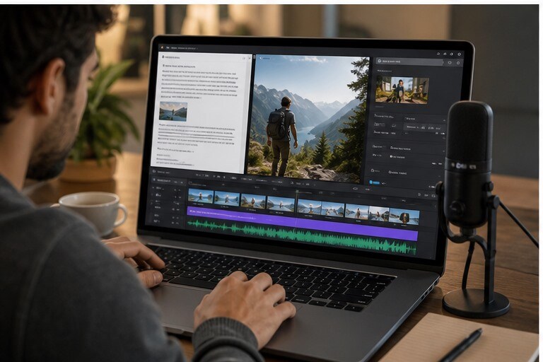 Montaggio browser con voiceover, slide, clip e sottotitoli in un progetto online