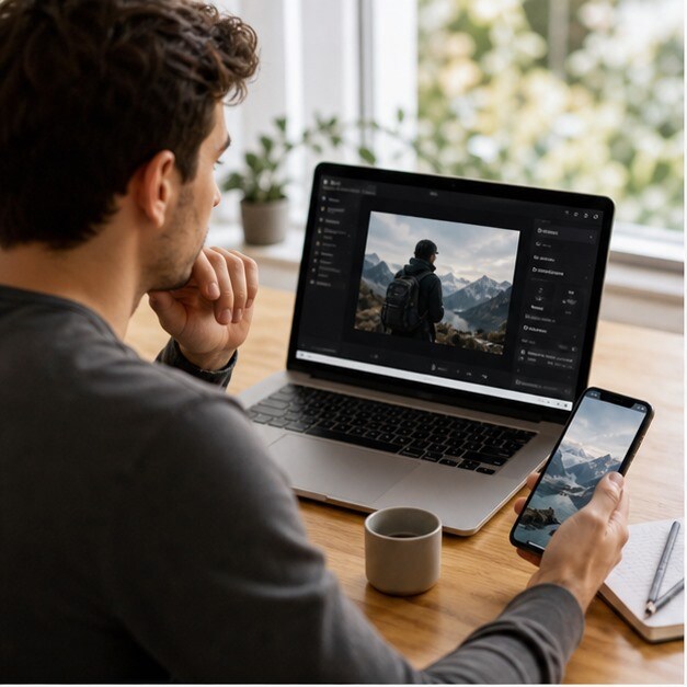 Creator italiano che prova strumenti AI video su laptop e smartphone in un setup semplice