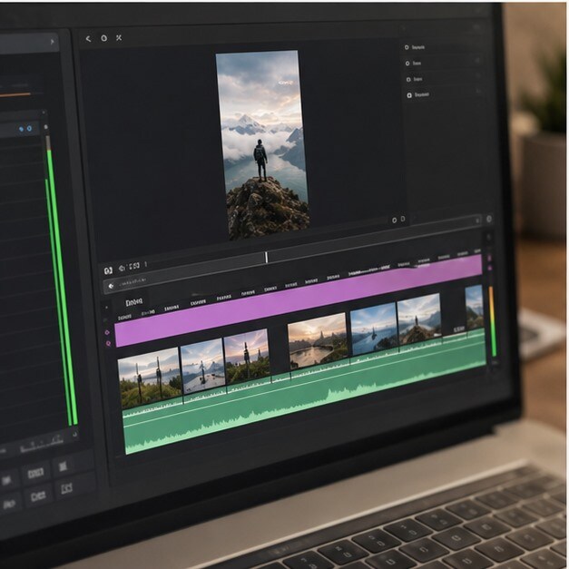 Timeline video con clip AI, sottotitoli e musica in fase di rifinitura