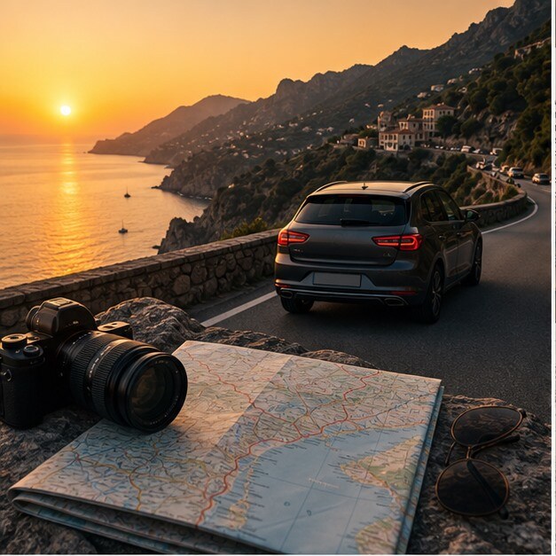 Auto su strada panoramica con mappe, camera e idea di road trip cinematografico
