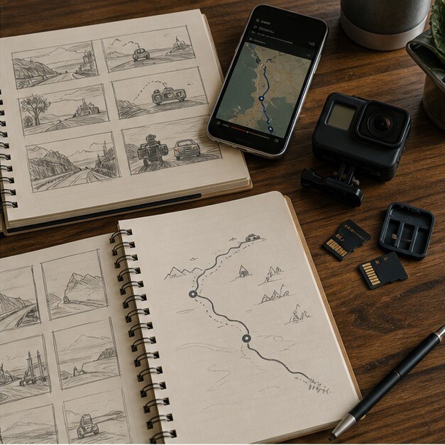 Storyboard di viaggio con mappe, note e clip organizzate su tavolo di montaggio