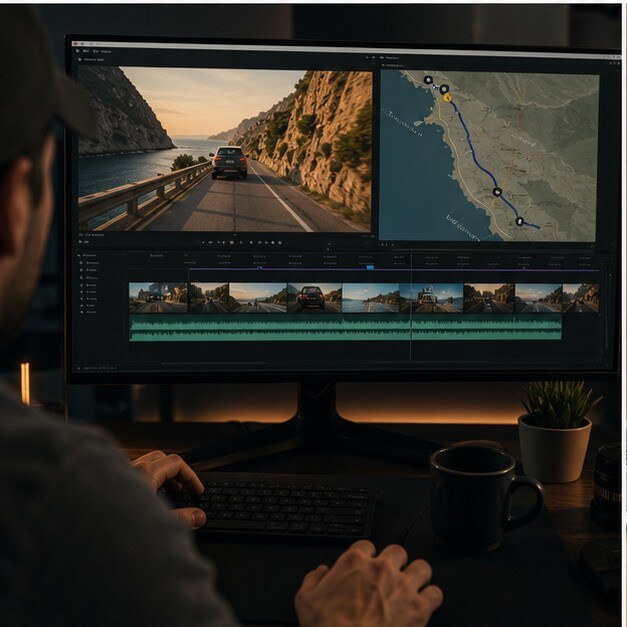 Timeline video con route reveal, musica e footage di strada su monitor