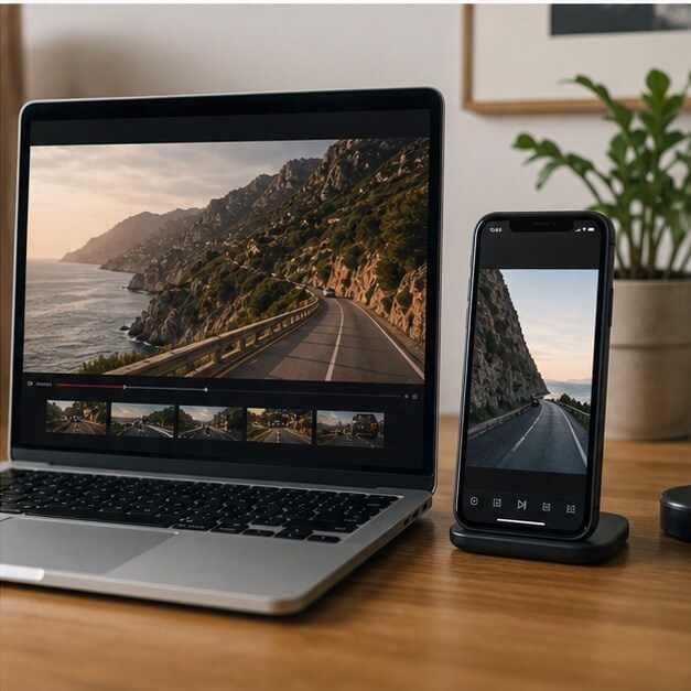 Laptop e smartphone con versioni orizzontale e verticale di un road trip video