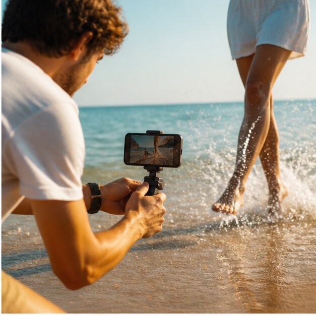 Setup leggero da spiaggia con smartphone, action cam e accessori protetti