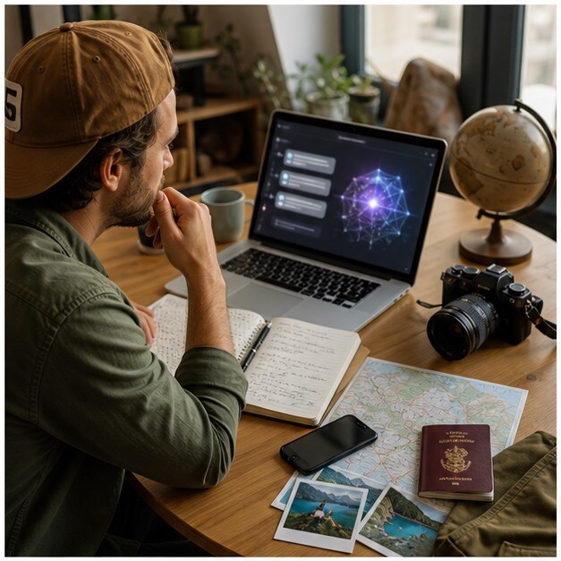 Creator che pianifica un vlog di viaggio con AI, mappe e clip reali sul tavolo