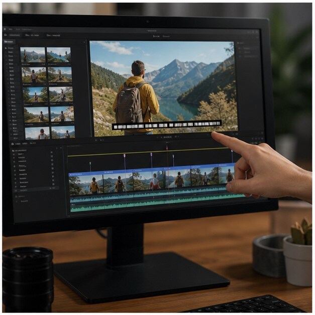 Workstation con script, timeline travel e sottotitoli automatici in revisione