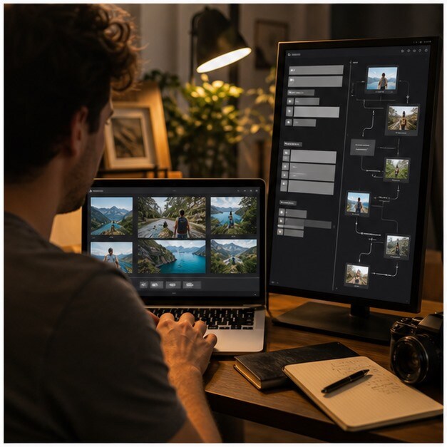 Montaggio di travel vlog con clip reali, voice over e caption su schermo