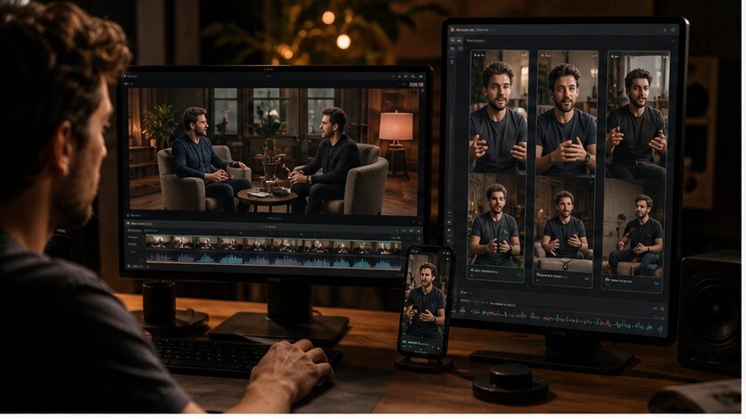 Postazione creator che trasforma un video lungo in piu YouTube Shorts verticali con AI
