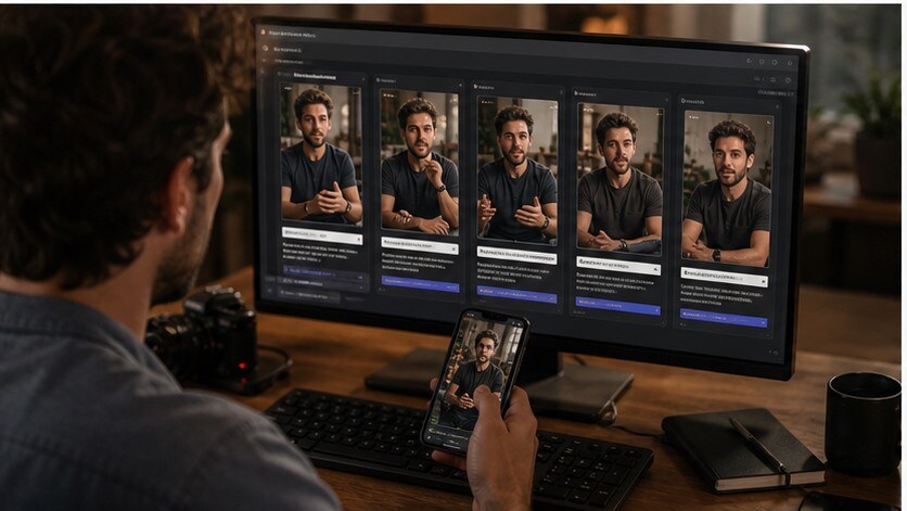 Creator che controlla caption automatiche e ritaglio verticale prima della pubblicazione