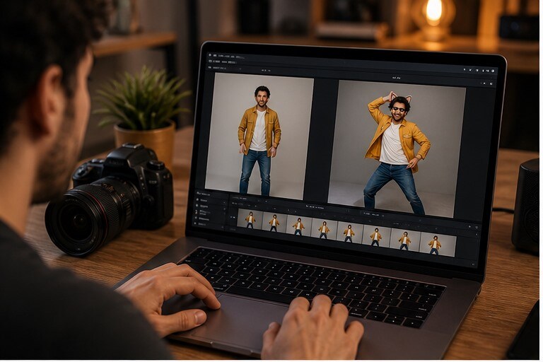 Foto di persona intera che viene animata in una danza AI su laptop creativo