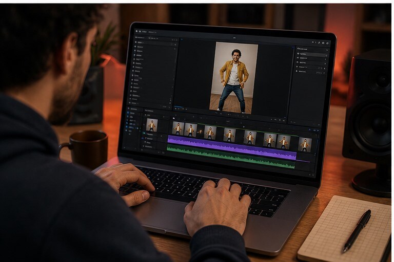 Creator che monta una foto che balla dentro un Reel con musica e testo