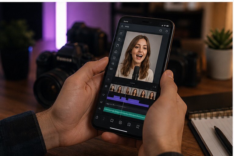 Creator che monta una talking photo dentro uno Short verticale con sottotitoli