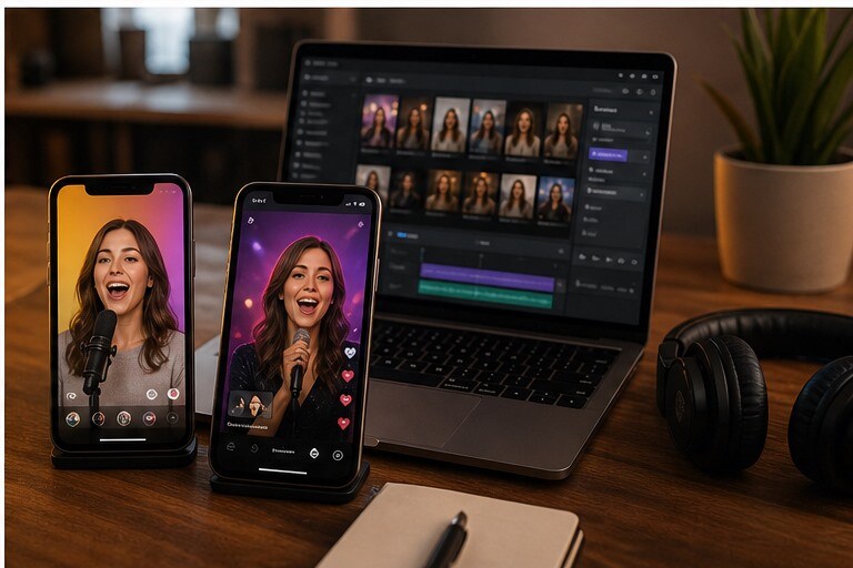 Piu versioni di foto che canta pronte per TikTok e Instagram
