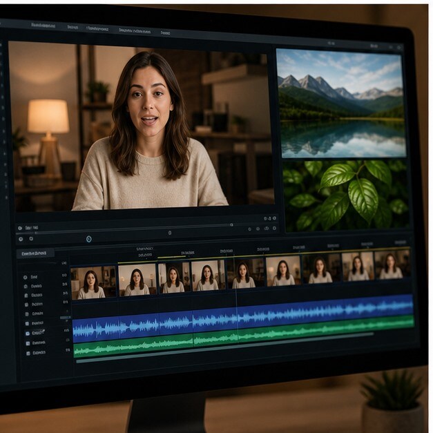 Talking photo inserita in una timeline con sottotitoli e schermate di supporto