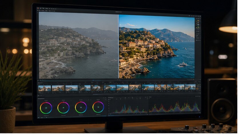 Monitor con video di viaggio trasformato da colore piatto a look estivo e cinematico
