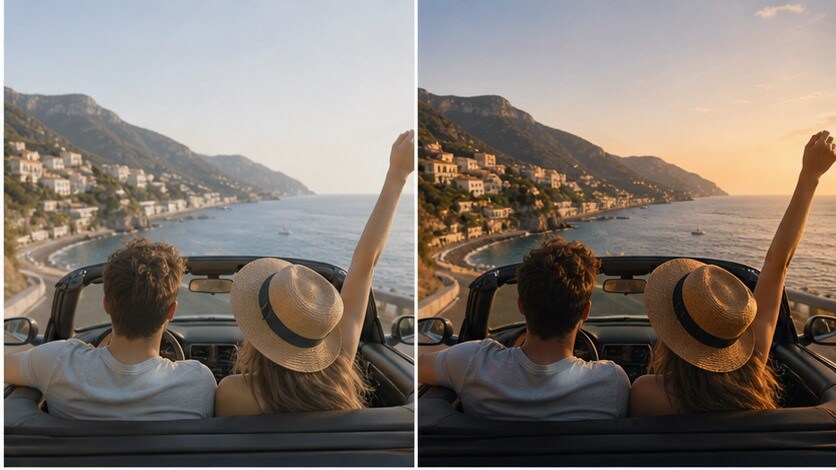 Scena di viaggio trattata con look estivo e look piu cinematico