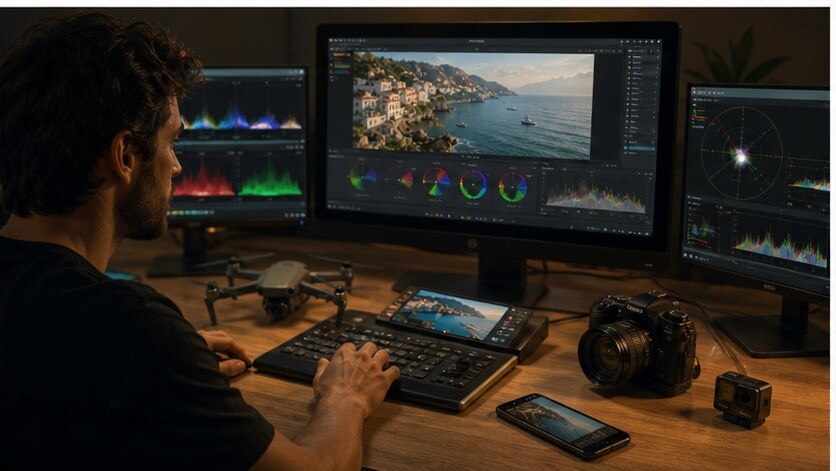 Suite di editing che abbina il colore di smartphone, drone e camera per un viaggio