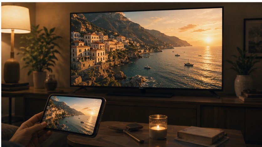 Visione finale di un video di viaggio con colore caldo e cinematico su TV e smartphone
