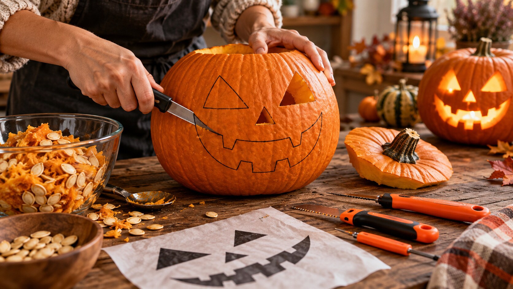Materiali per intagliare una zucca di Halloween in sicurezza