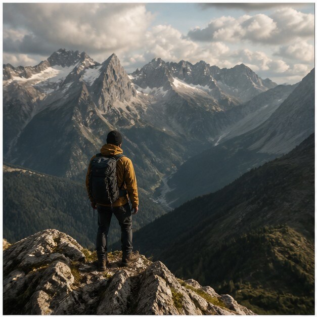 Escursionista e paesaggio alpino ripresi in modo cinematico con luce naturale
