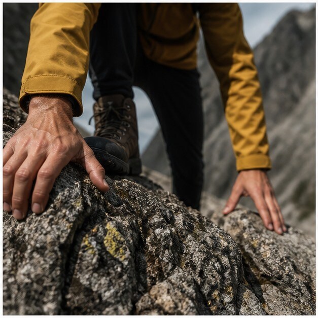 Timeline con mountain footage, tracce audio ambiente e musica cinematica