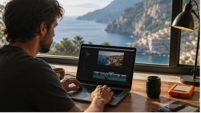 Creator che monta un video di viaggio cinematografico su laptop davanti a paesaggi costieri