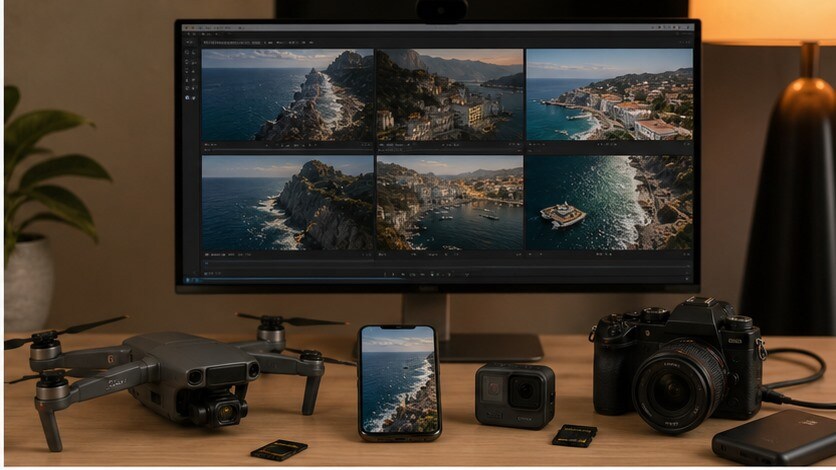 Organizzazione di clip di viaggio da smartphone, drone e camera prima del montaggio