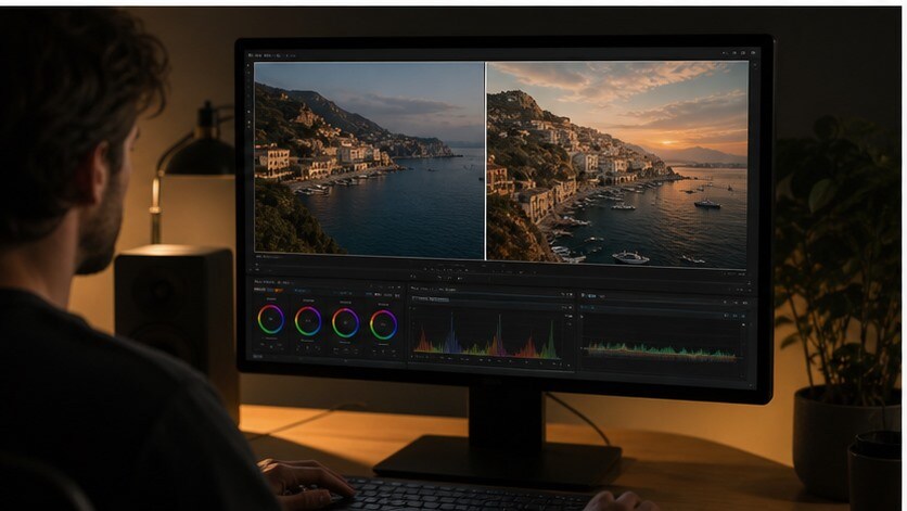 Monitor con travel footage prima e dopo il color grading cinematografico