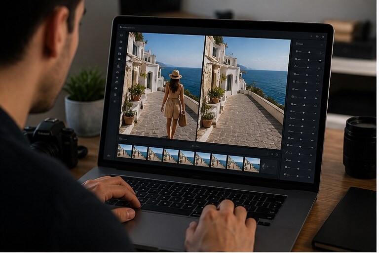 Scena di viaggio con passante che viene rimosso da una foto su laptop