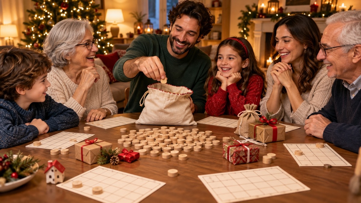 Famiglia riunita per una tombolata con piccoli premi simbolici
