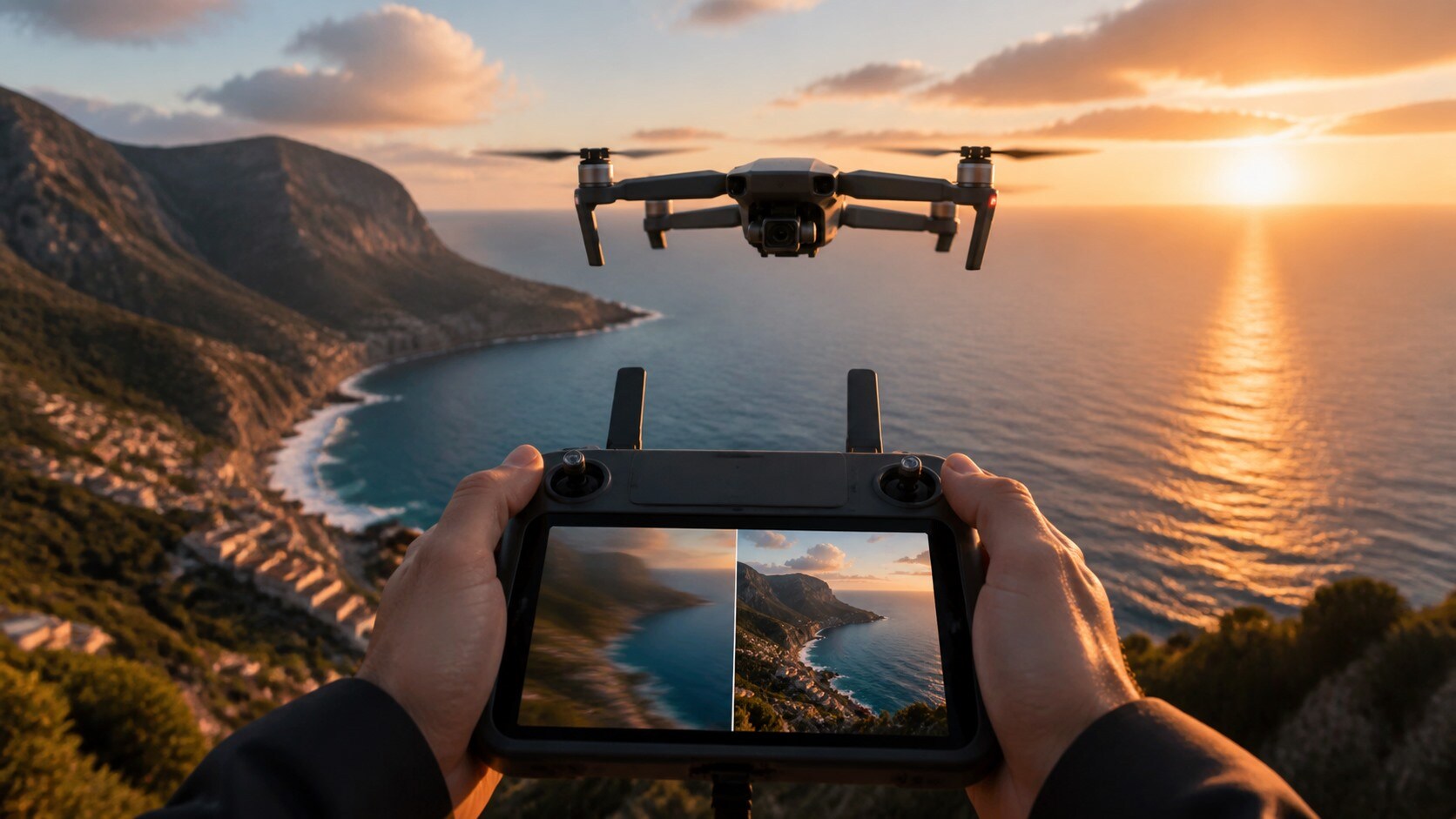 Drone sopra una costa con monitor che mostra ripresa stabilizzata