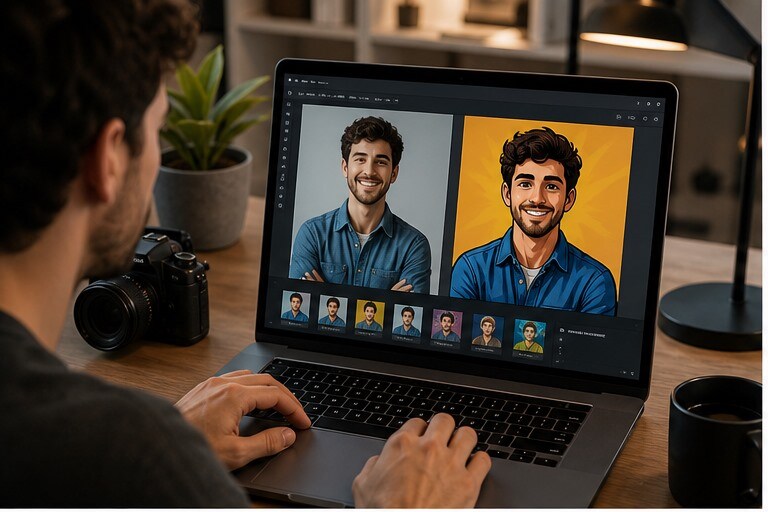 Ritratto fotografico che viene trasformato in stile cartone animato su schermo creativo