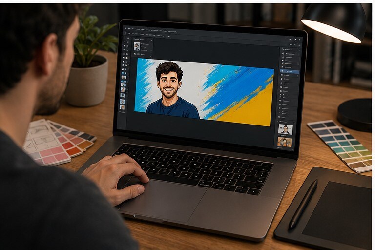 Workflow che combina cartoon photo e animazione video su laptop
