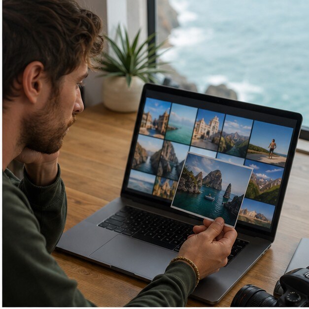 Creator che sceglie tra foto di viaggio e prompt per animarle con AI