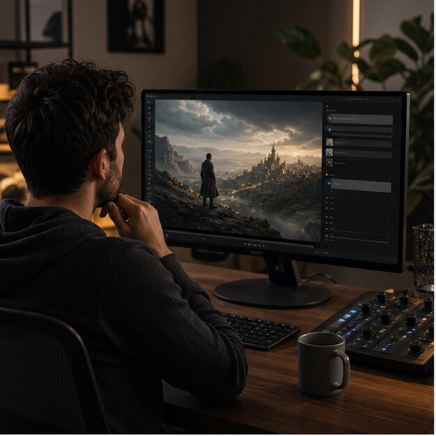 Creator che trasforma un prompt testuale in video AI su workstation moderna