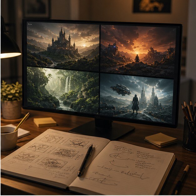 Monitor con piu scene AI generate da prompt diversi e note di regia sul tavolo